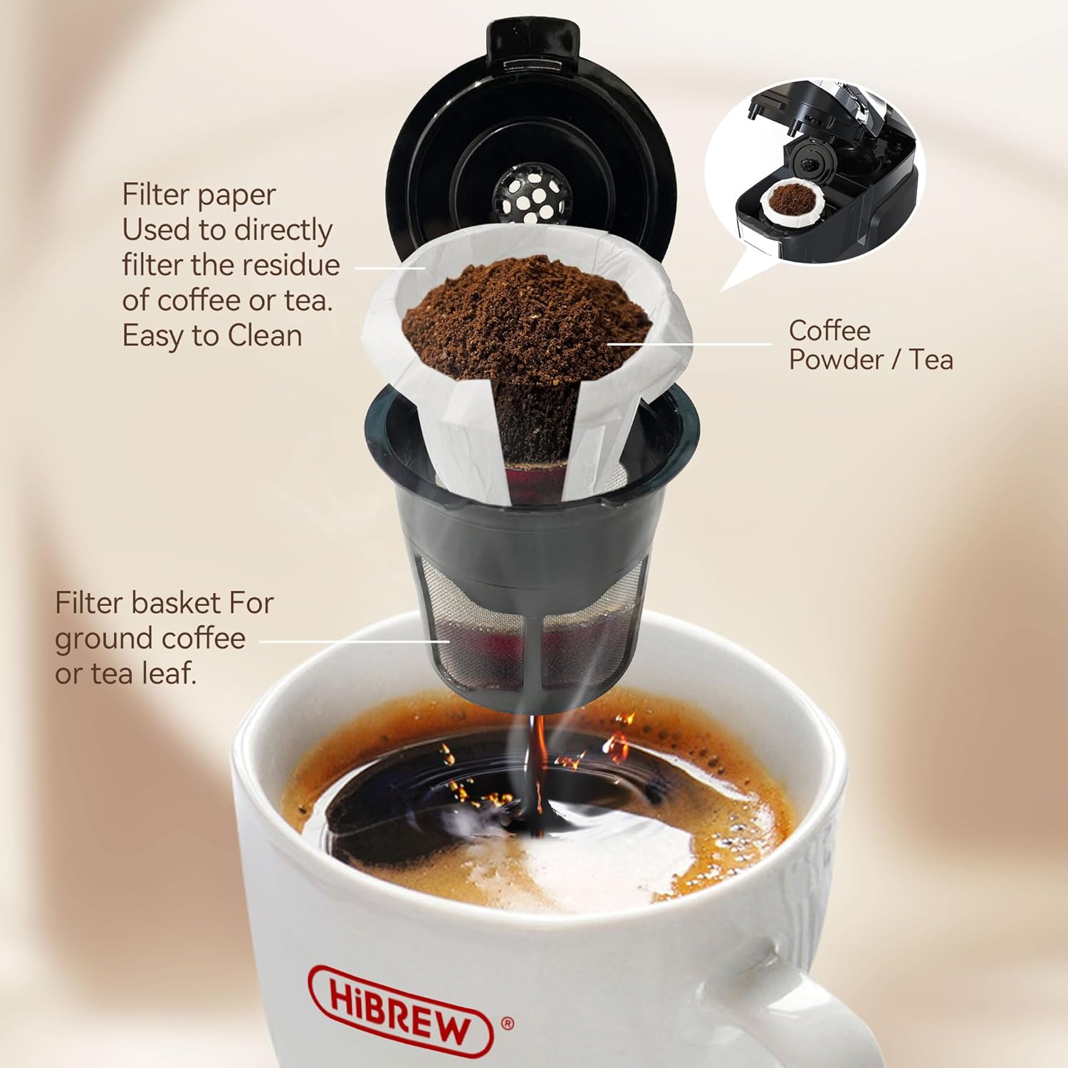 HiBREW Single Serve Coffee Maker - Portable,Coffee Machine for K Cup Pod, One Button Operation, Black Color for Kitchen, Office, Camping, Hotel