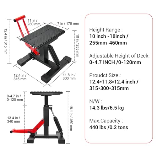 Dirt Bike Lift Stand, Hydraulic Motorcycle Lift Stand 440 Lbs Capacity, Adjustable Height Hoist Table, for Dirt Pit Bike Repair, Maintenance, Motorbike Repair Accessories Tools