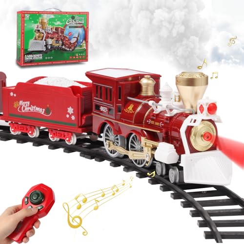 Christmas Train Set, Train Toy with Remote Control, Toy Train Set Under The Christmas Tree with Sounds, Lights and Smoke, Christmas Toy Gift for Toddler 3 4 5 6 7 8 Years