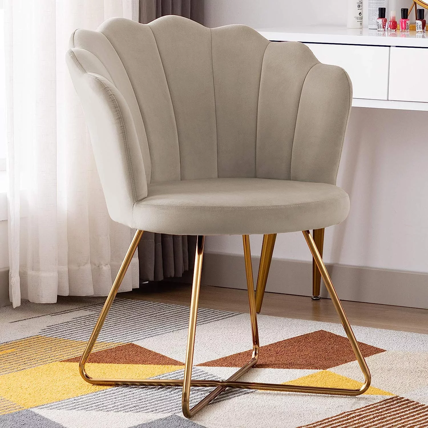 Duhome Velvet Accent Chair for Bedroom Glam Makeup Vanity Chair with Back Cute Desk Chair No Wheels with Gold Metal Legs, Khaki
