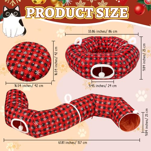 Christmas Cat Bed Tunnel, 3ft x 3ft x 9.8 in, Under Christmas Tree Cat Donut Tunnels Snowflake Buffalo Plaid Peekaboo Kitten Bed with Hanging Ball Decorations Cave for Xmas Tree Decor