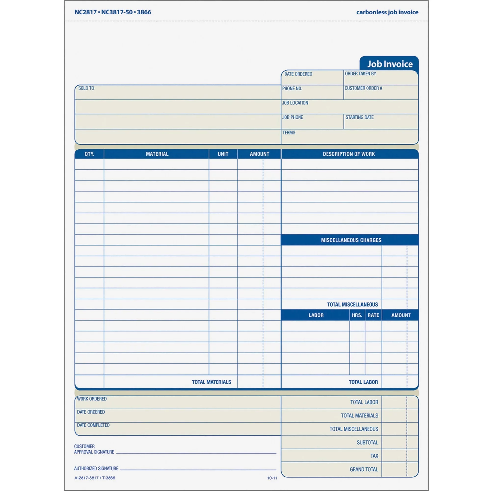 TOPS, TOP3866, Three-Part Carbonless Job Invoice Forms, 50 / Pack, White,Canary,Manila