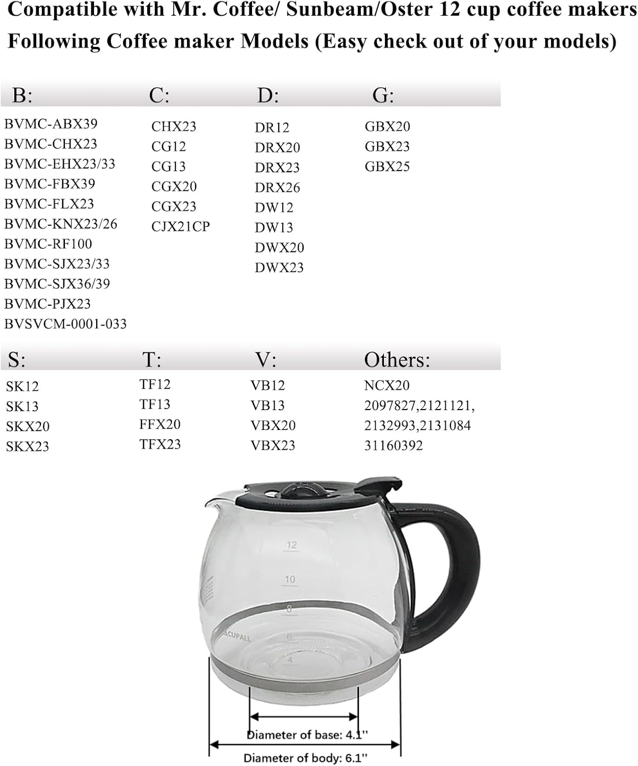 12-CUP Glass Carafe Replacement Compatible With Mr. Coffee 12 Cup coffee maker machine,Black Handle, Part# PLD12, PLD12-RB Series