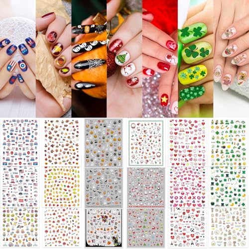 Whaline 18 Sheets Fall Nail Art Stickers Thanksgiving Maple Leaves Pumpkin Nail Stickers Christmas Snowflake Snowman Santa Claus Autumn Self-Adhesive Nail Decals for DIY Manicure Party Decor