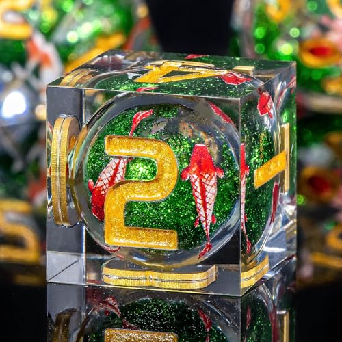 OUKELANWO Liquid Core Koi Fish DND Dice Set with Gift Box, 7Pcs Sharp Edge Resin Polyhedral Role Playing Game Dice, Ocean D and D Dice D20 D12 D10 D8 D6 D4
