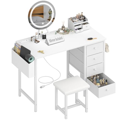 Gold Vanity Desk with Mirror and Light- Makeup Vanity Set Table with Chair, Storage, Lighted Mirror, 4 Large Fabric Drawers & Power Outlet, Dressing Table Vanities for Girls Bedroom