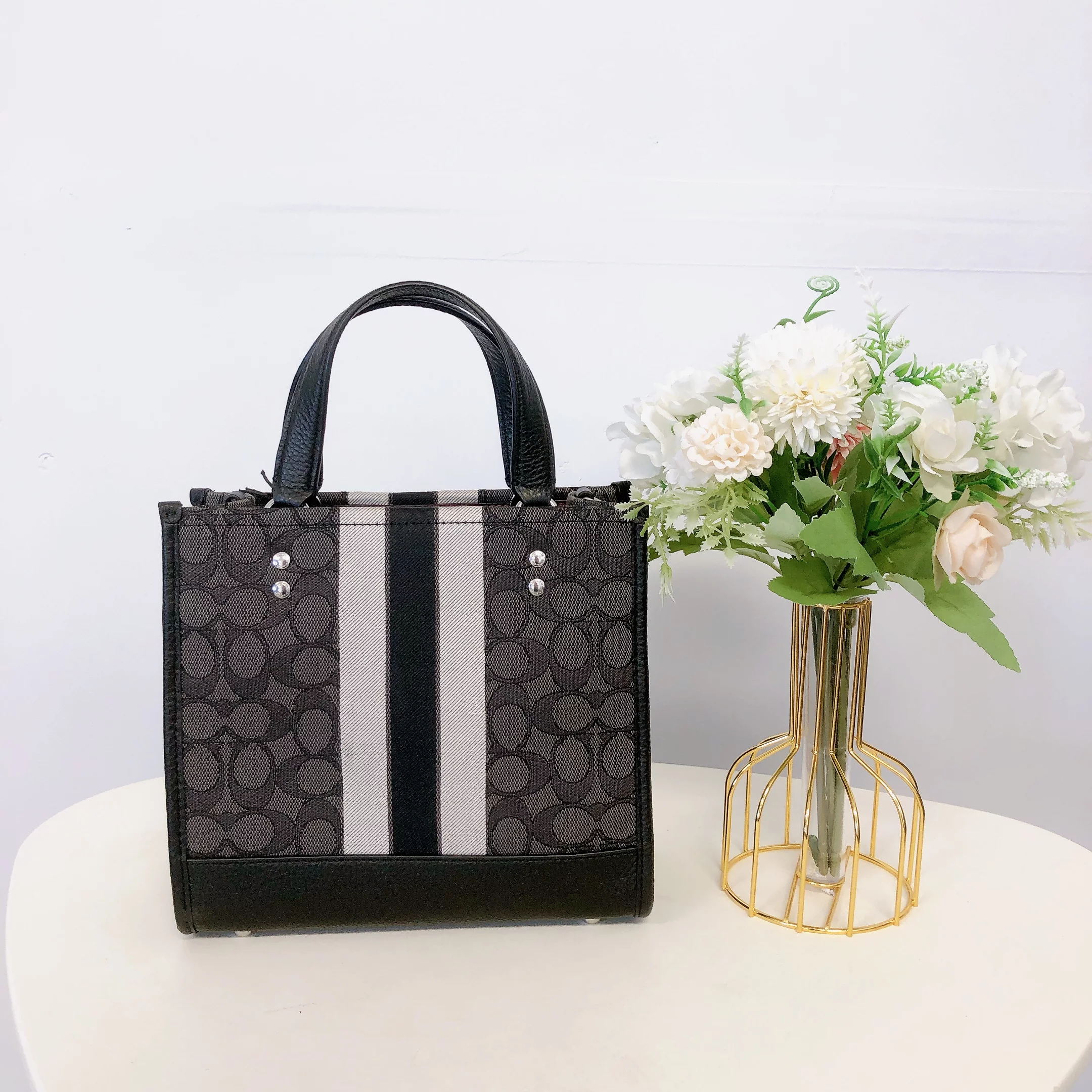 Coach C8417 Dempsey Tote 22 In Signature Jacquard With Stripe And Coach Patch IN Black Smoke Black Multi