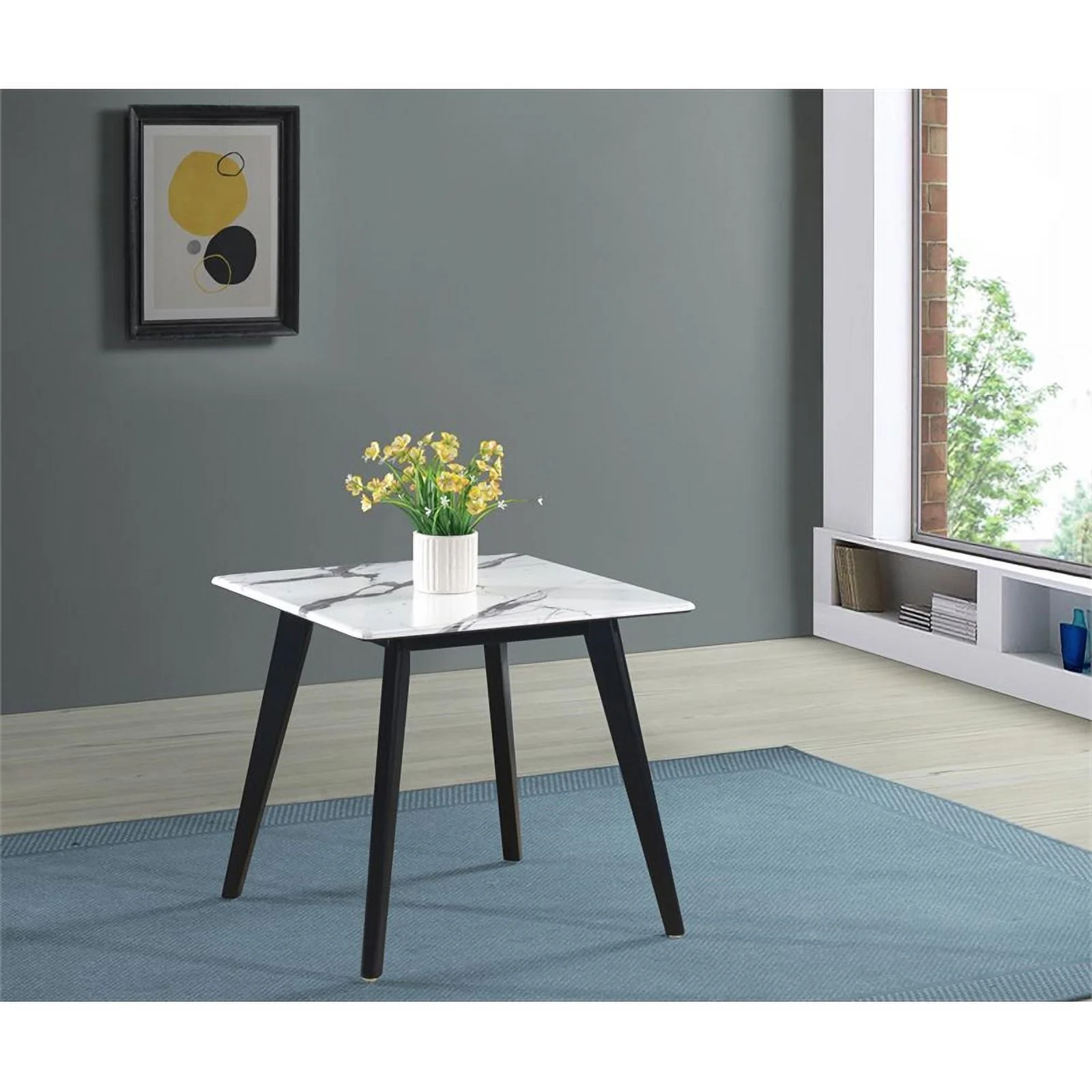 Pemberly Row Wood Square Faux Marble Top End Table Black and White