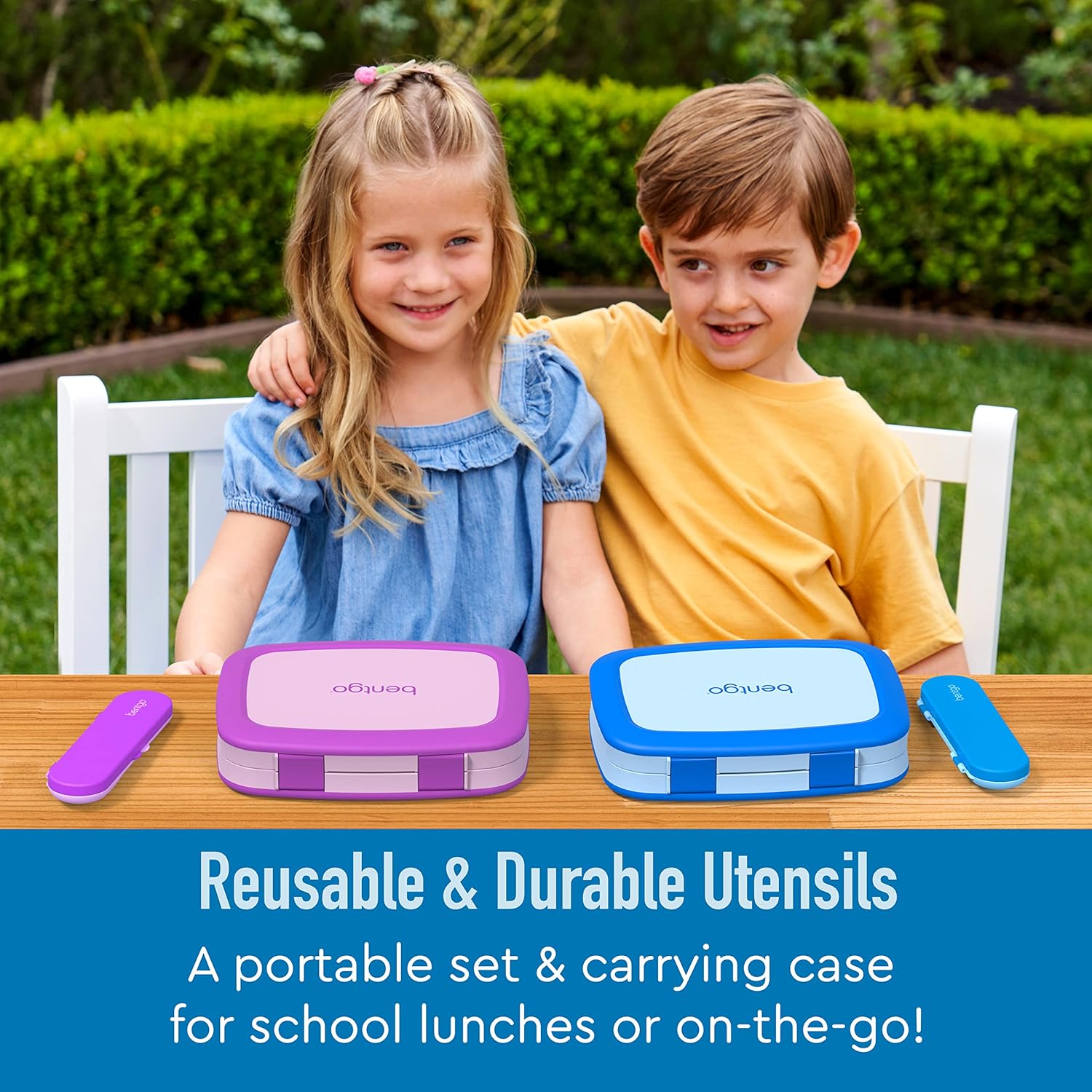 Bentgo® Kids Chill Lunch Box (Green/Navy) With Kids Reusable Plastic Utensils (Blue)