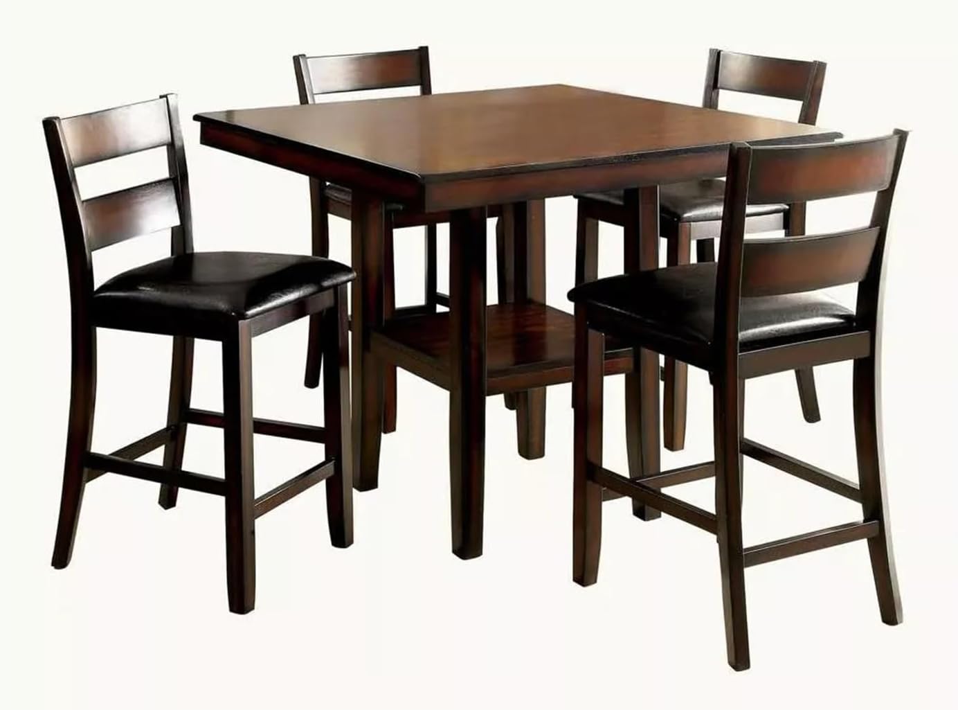 Saranya 18 Shop Brown Cherry Storage Dining Table 5pc Set Counter Height Wooden 4X High Chairs Cushion seat Shelf Shelves Furniture Room Kitchen New Modern Home 40