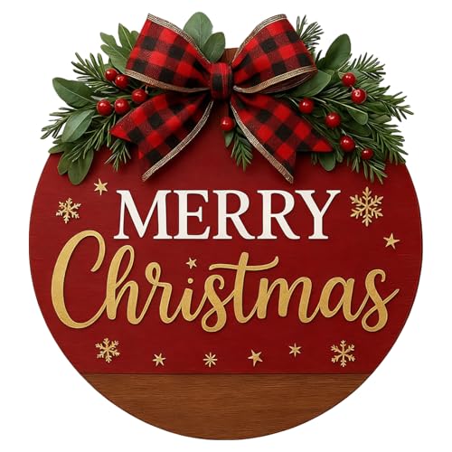 Merry Christmas Wreath Hanging Sign for Front Door, Wooden Welcome Wreaths Sign with Bow for Holiday Rustic Farmhouse Outdoor Wall Window Decor (Merry Christmas)