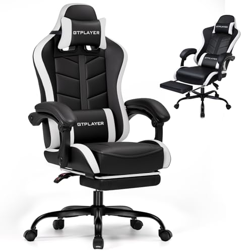 GTPLAYER Gaming Chair with Footrest, Computer Gaming Chair for Adults and Kids, Height Adjustable Gamer Chair with 90-155° Recline & Removable Headrest Lumbar Support (Dark Black-White)
