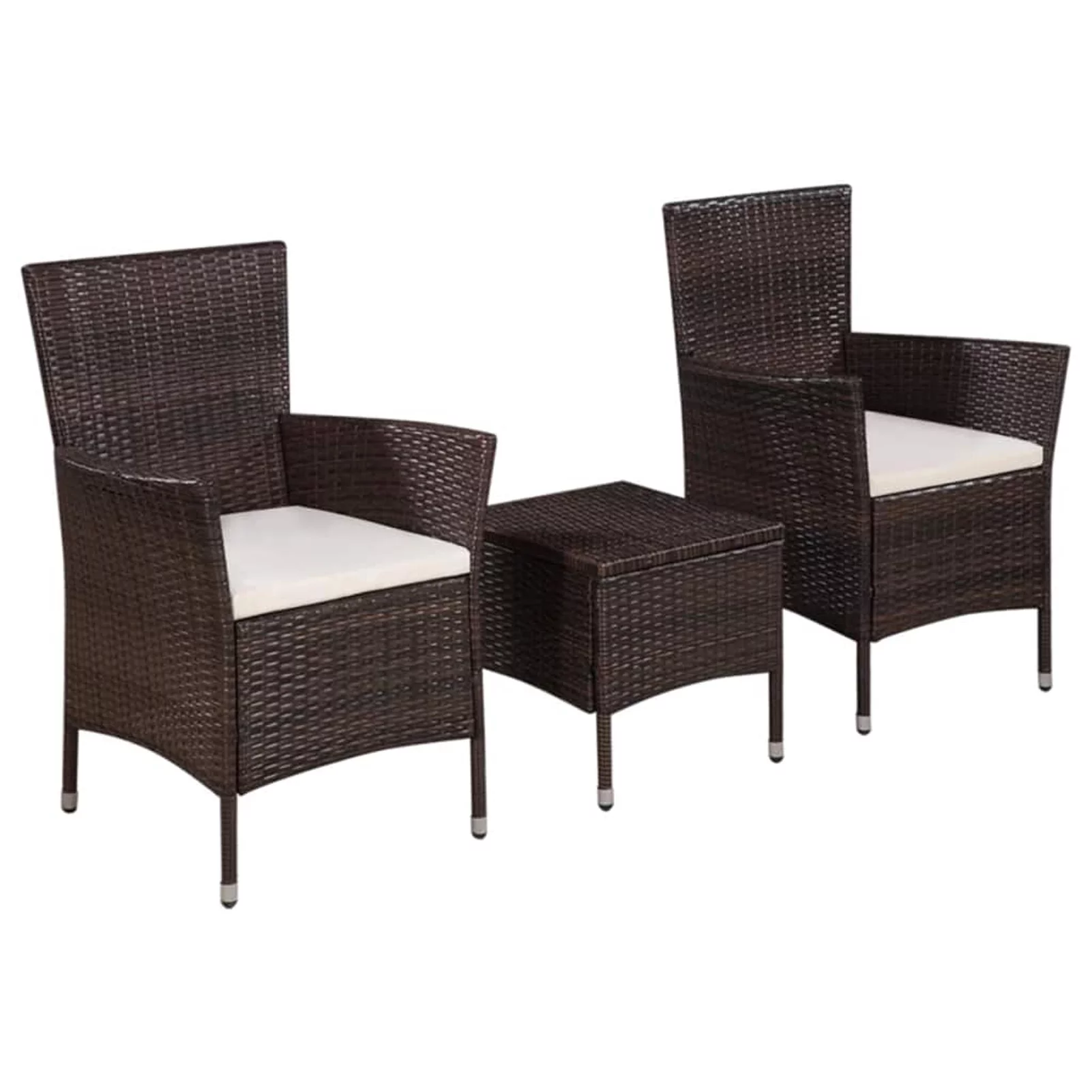 Dcenta 3 Piece Bistro Set Coffee Table and 2 Chairs with Cushion Brown Poly Rattan Outdoor Dining Set for Bar, Pub, Garden, Backyard, Patio, Outdoor Furniture