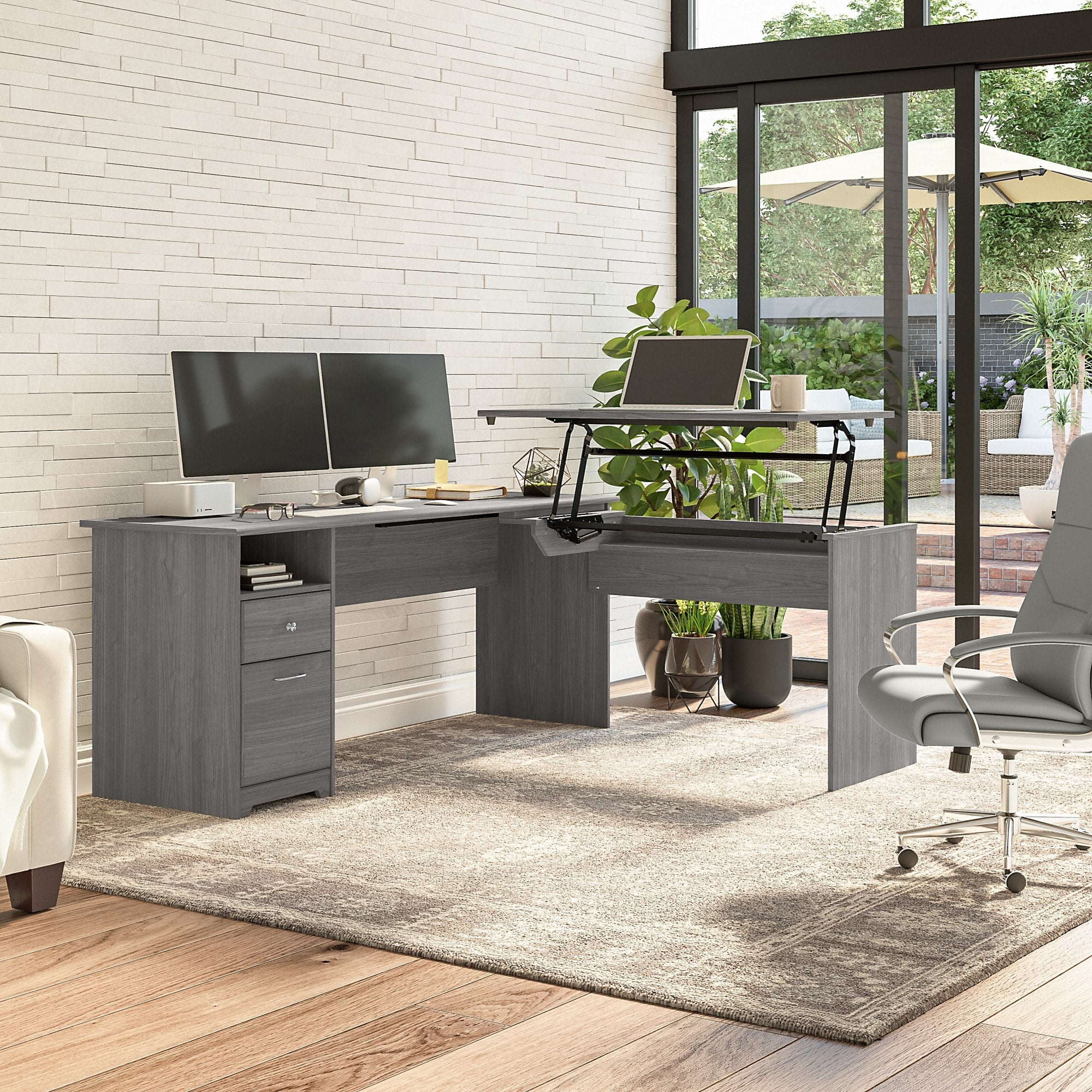 Cabot 72W 3 Position Sit to Stand L Shaped Desk in Modern Gray - Engineered Wood