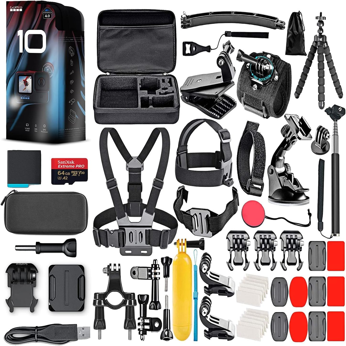 GoPro HERO10 (Hero 10) Black - Waterproof Action Camera with Front LCD and Touch Rear Screens, GP2 Engine, 5K HD Video, 23MP Photos, Live Streaming, 64GB Card and 50 Piece Accessory Kit - Bundle