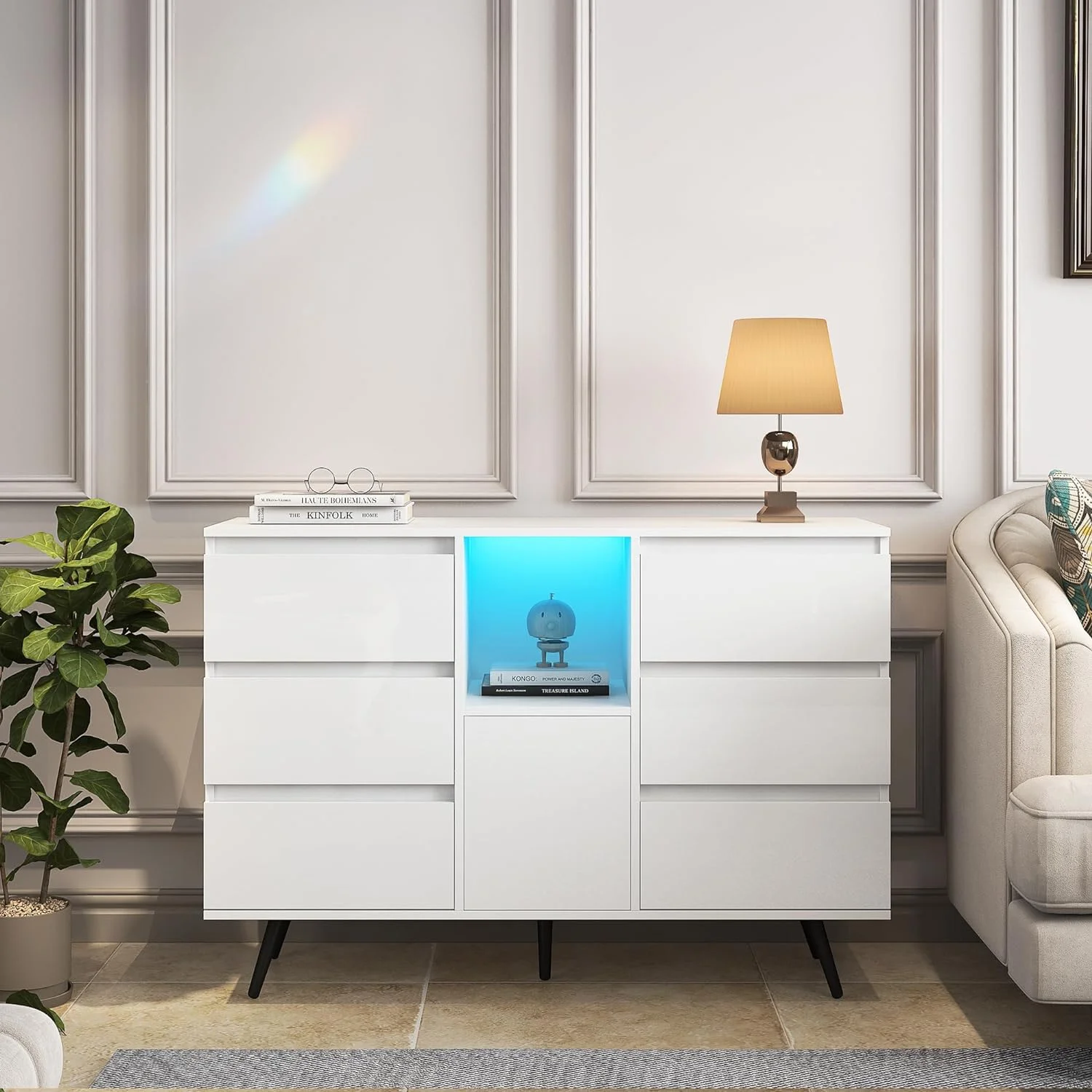 Storage Sideboard With Drawers And Door, Accent Cabinet High Gloss With LED Light, Modern Unit Cupboard Wooden Storage Display Cabinet For Living Room Office Bedroom Hallway Entryway, White