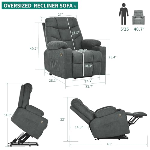 YITAHOME Power Lift Recliner Chair, Modern Fabric Recliner Chair with Massage and Heat, Spacious Seat, USB Ports, Cup Holders, Remote Control, Suitable for Living Room Dark Grey2
