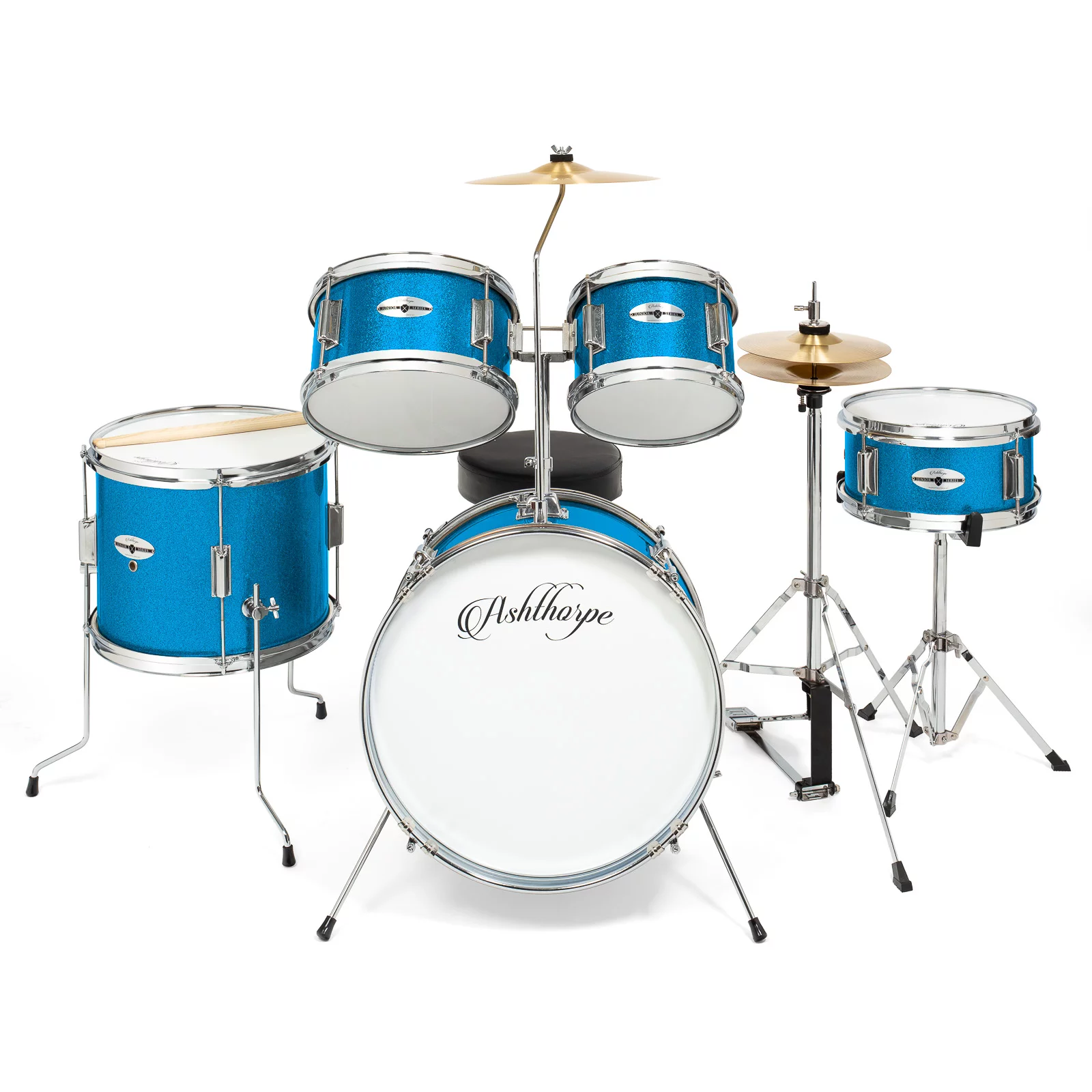 Ashthorpe 5-Piece Complete Junior Drum Set with Genuine Brass Cymbals Advanced Beginner Kit, 16