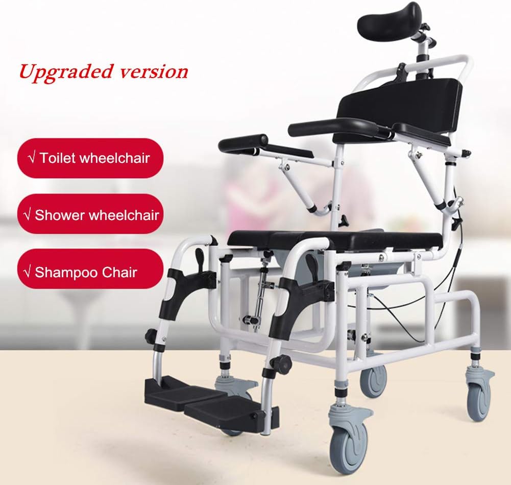 Nurth Tilt-in-Space Reclining Shower/Toilet Commode Chair, with Padded Seat, Back, Armrests. Care 4-in-1 Multifunction Chair, Flip-up Arm and Foot Rests, Commode Pail and Adjustable Headrest