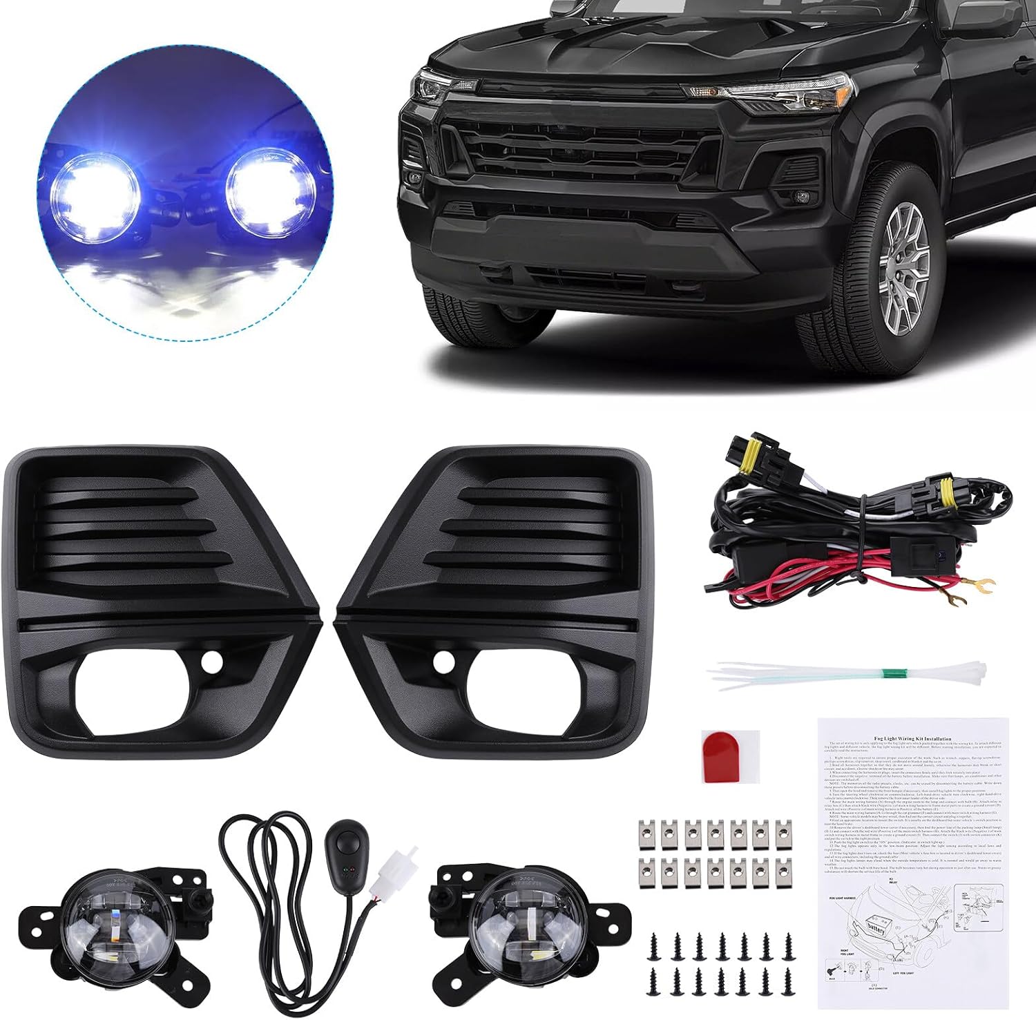 Pair Front Bumper LED Fog Light with Fog Light Cover and Wire Harness Compatible with 2023 2024 Chevy Colorado Fog Lamp Driving Fog Light Lamp (Clear Lens) with Fog Light Bezel, Switch, Wires