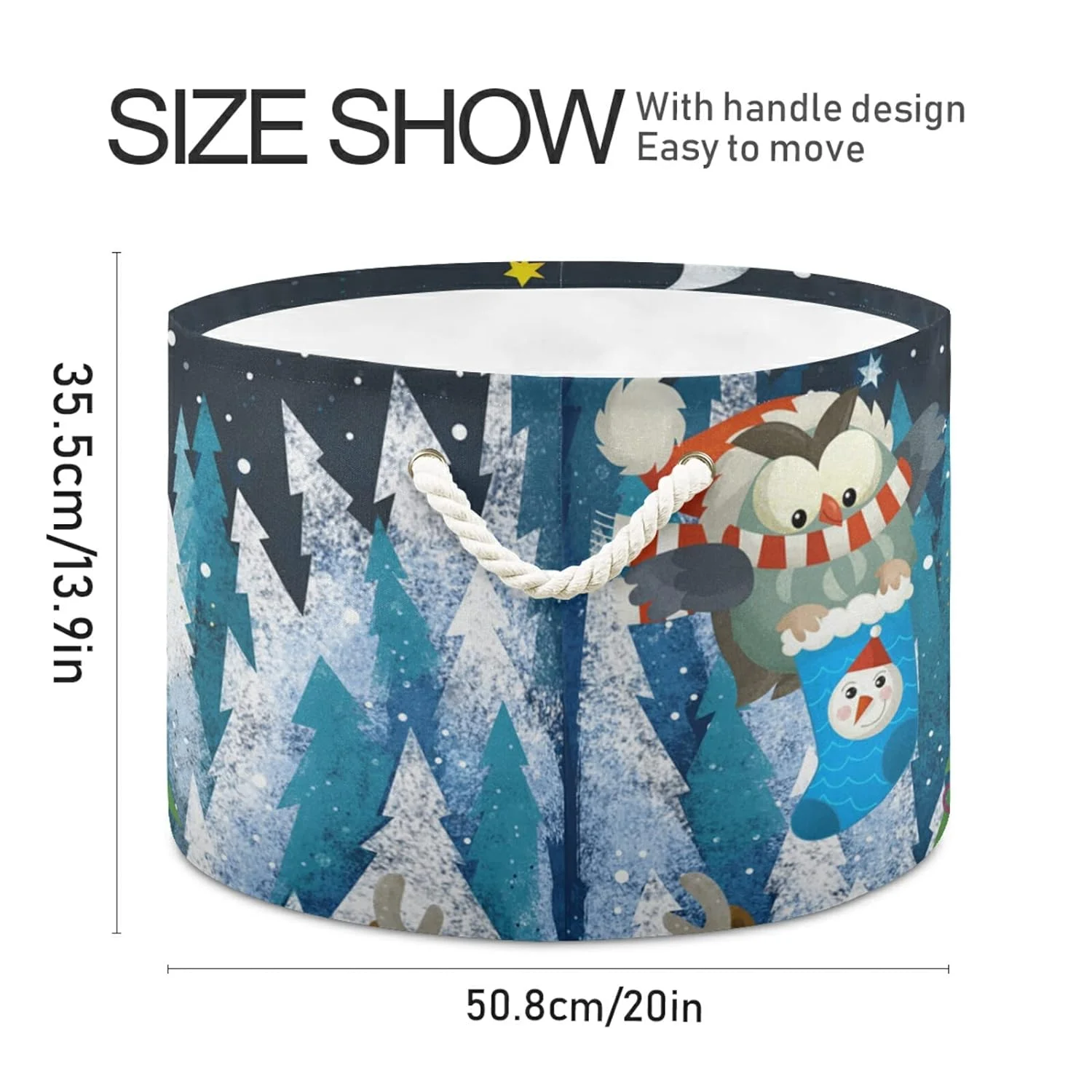 Wellsay Winter Scene with Forest Animals Reindeers and Santa Claus Owl Near Christmas Tree Storage Basket Gift Baskets Large Collapsible Laundry Hamper with Handle, 20x20x14 in