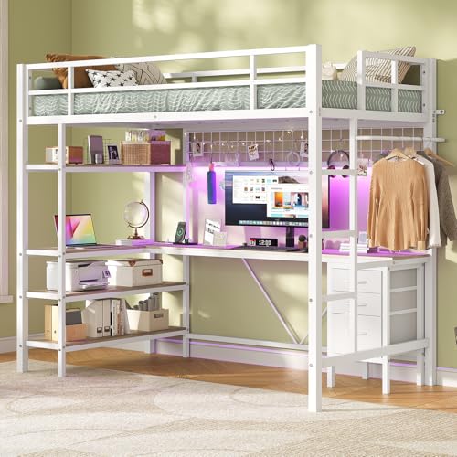 VIAGDO Loft Bed Twin Size with L-Shaped Desk, Charging Station and LED Lights, Twin Loft Bed with 4-Tier Bookshelf and 3 Drawers, Clothes Rail, Safety Guardrail&Ladder, No Box Spring Needed, White