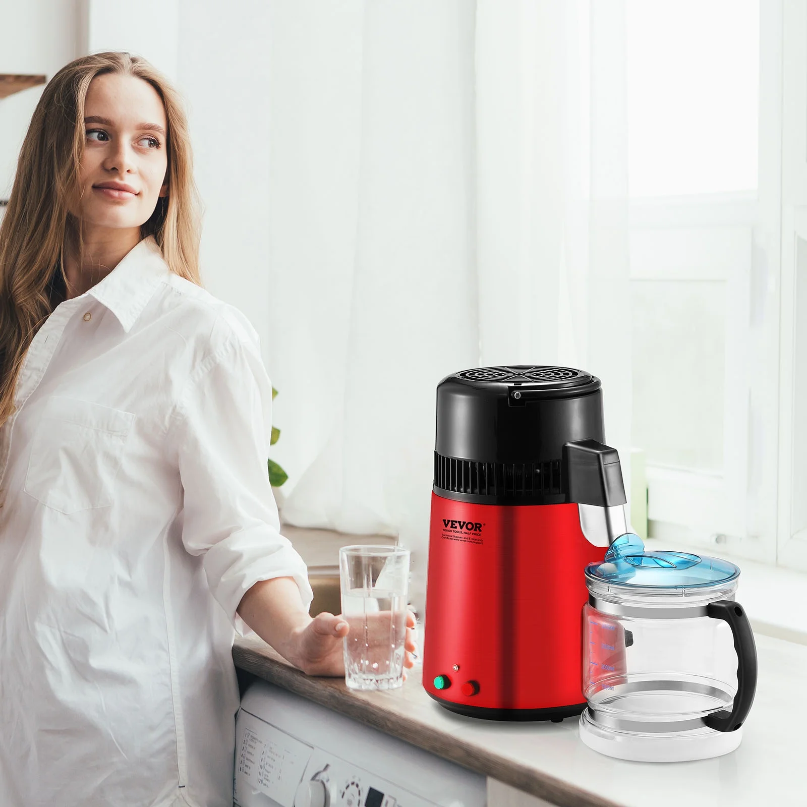 BENTISM 4L Water Distiller Purifier Machine Countertop Stainless Steel Interior Pure Water Distiller 750W Purifier Filter Fully Upgraded with Handle Perfect for Home Use, Red