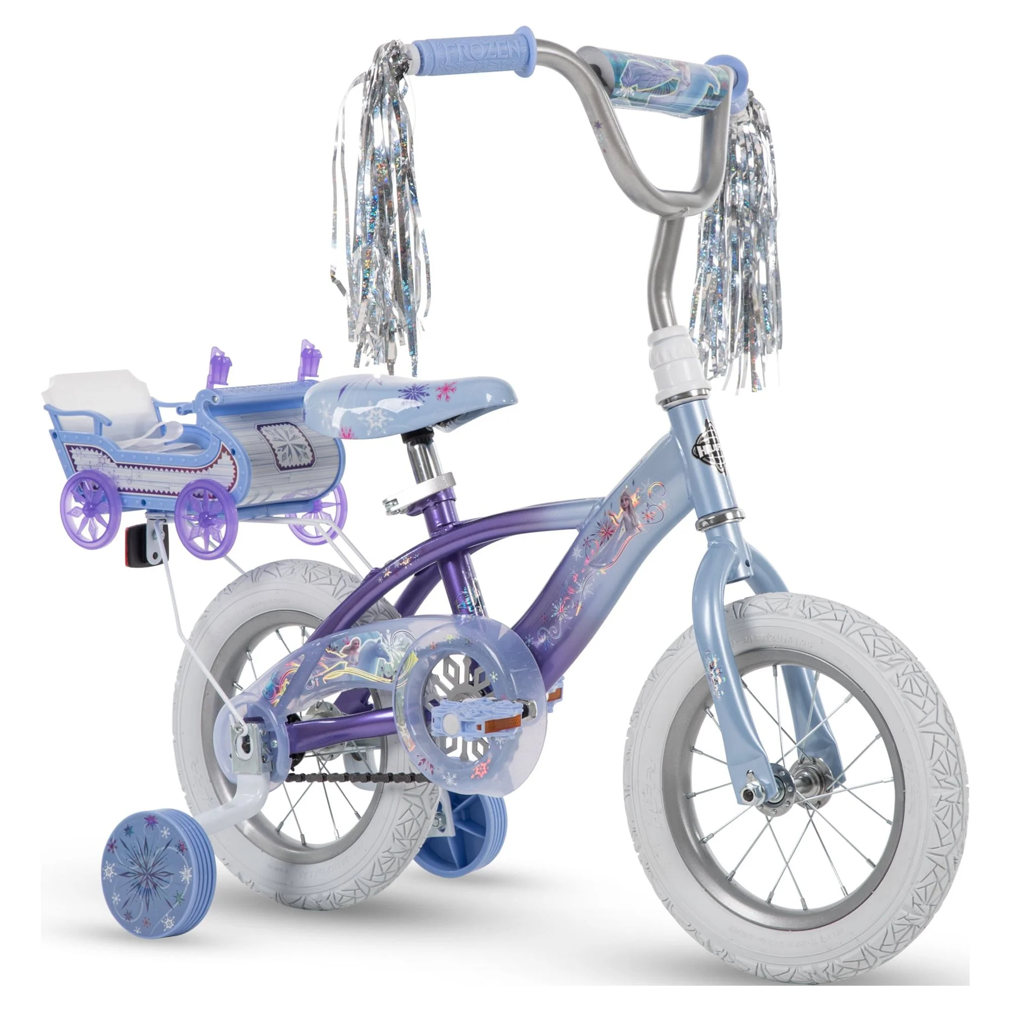 Disney Frozen 12 in. Bike with Doll Carrier Sleigh for Girl's, Ages 2+ Years, White and Purple by Huffy