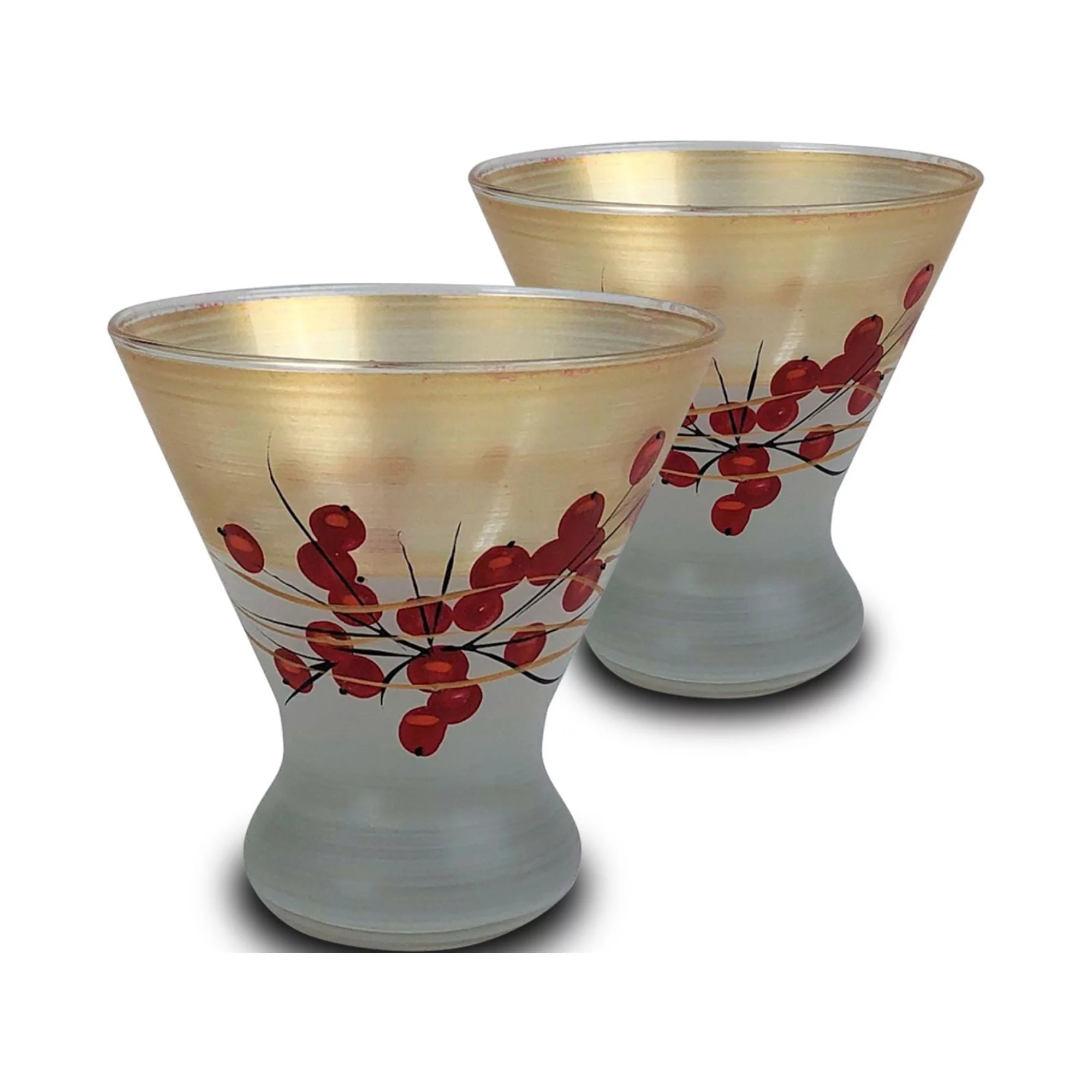 Crafted Creations Set of 2 Gold Berries and Branches Hand Painted Cosmopolitan Wine Glasses 8.25 oz.