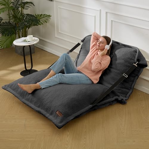 Homguava Giant Bean Bag Chair, Bean Bag Sofa with Adjustable Backrest, Bean Bag Bed with Filling and Detachable Sherpa Cover, Large Bean Bag Floor Sofa for Gaming Living Room Bedroom (Grey)