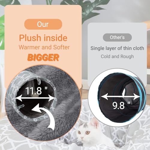 LUCKITTY Geometric Straight Cat Tunnel with Plush Inside,Cats Toys Collapsible Tunnel Tube with Balls, for Rabbits, Kittens, Ferrets,Puppy, Diameter 9.8 Inch