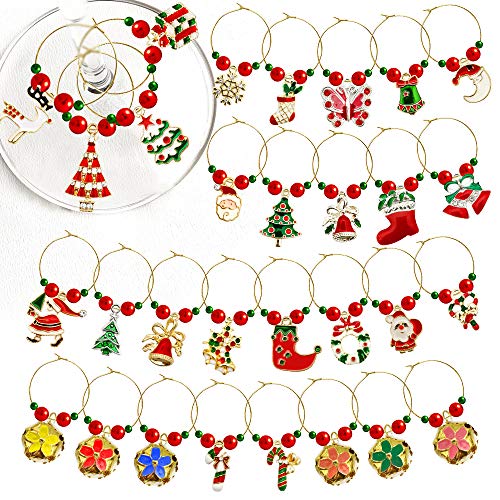 MOVINPE 30 Piece Wine Glass Charms - Christmas Themed Drink Markers for Stem, Champagne & Goblet Glasses