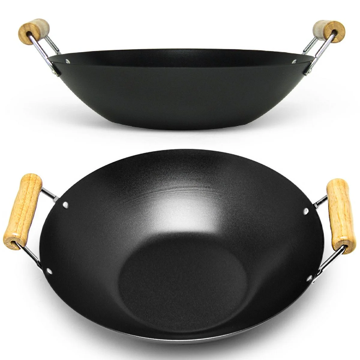JOYCOOK Wok Pan with Two Short Handles Carbon Steel Non Stick Xylan Coating 15 inch (38cm)
