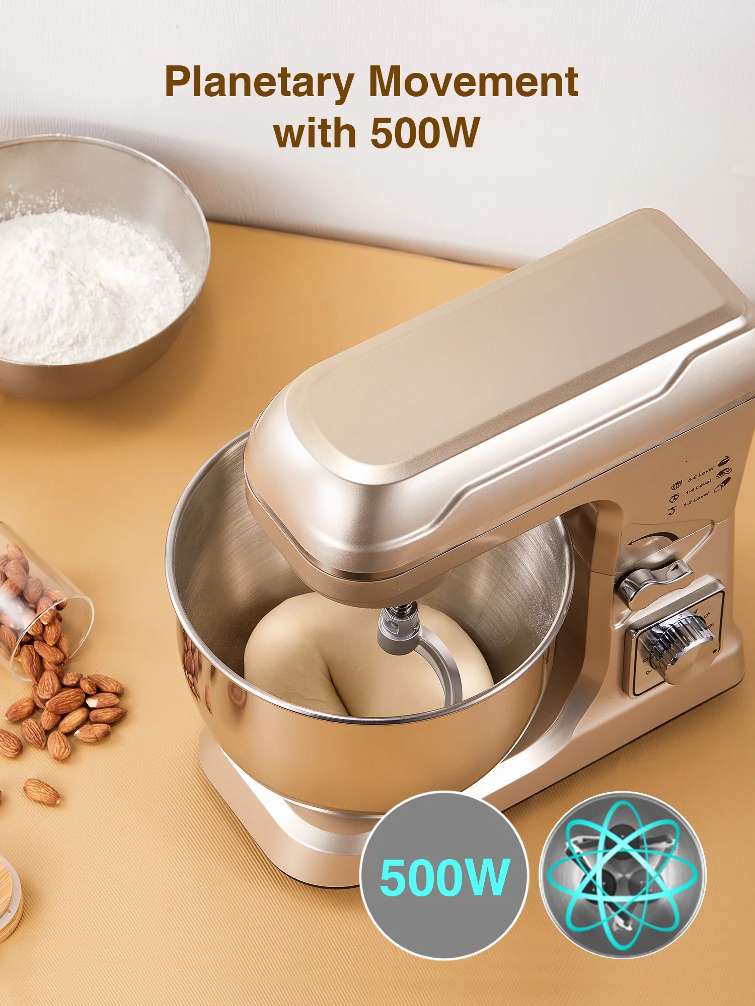 Kealive 5.5QT Tilt-Head Stand Mixer, 6+P Mess-free Kitchen Electric Mixer with Dough Hook, Whisk & Beater, Gold