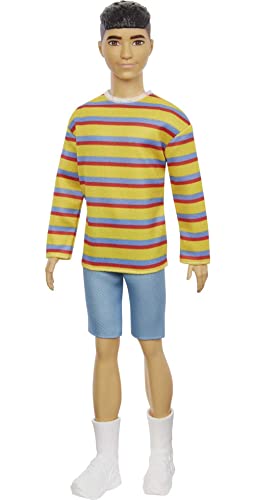 Barbie Ken Fashionistas Doll #175 with Brunette Hair Dressed in Colorful Striped Shirt, Denim Shorts and White Boots
