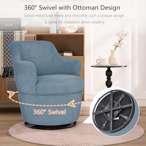 360° Swivel Accent Chairs with Ottoman, Modern Comfy Fabric Barrel Living Room Chair, Leisure Bedroom Armchair with Footstool, Blue