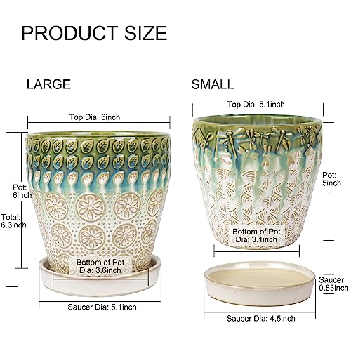 6 Inch Ceramic Planter with Drainage Hole and Saucer for Plants, Indoor-Outdoor Large Round Succulent Orchid Flower Pot, Set of 2