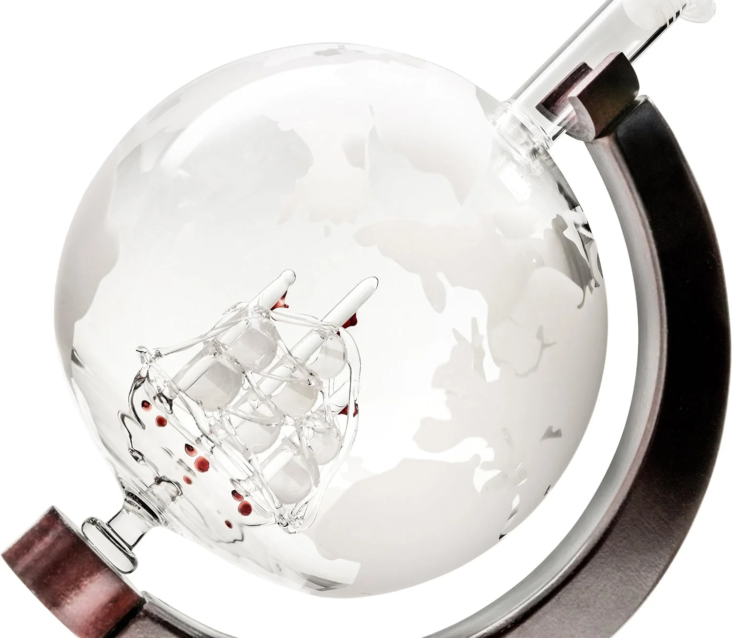 Large 50 Oz 'Ship' Handmade Whiskey Liquor Etched Globe Decanter Set With Wooden Stand, 2 Globe Glasses And Bar Funnel