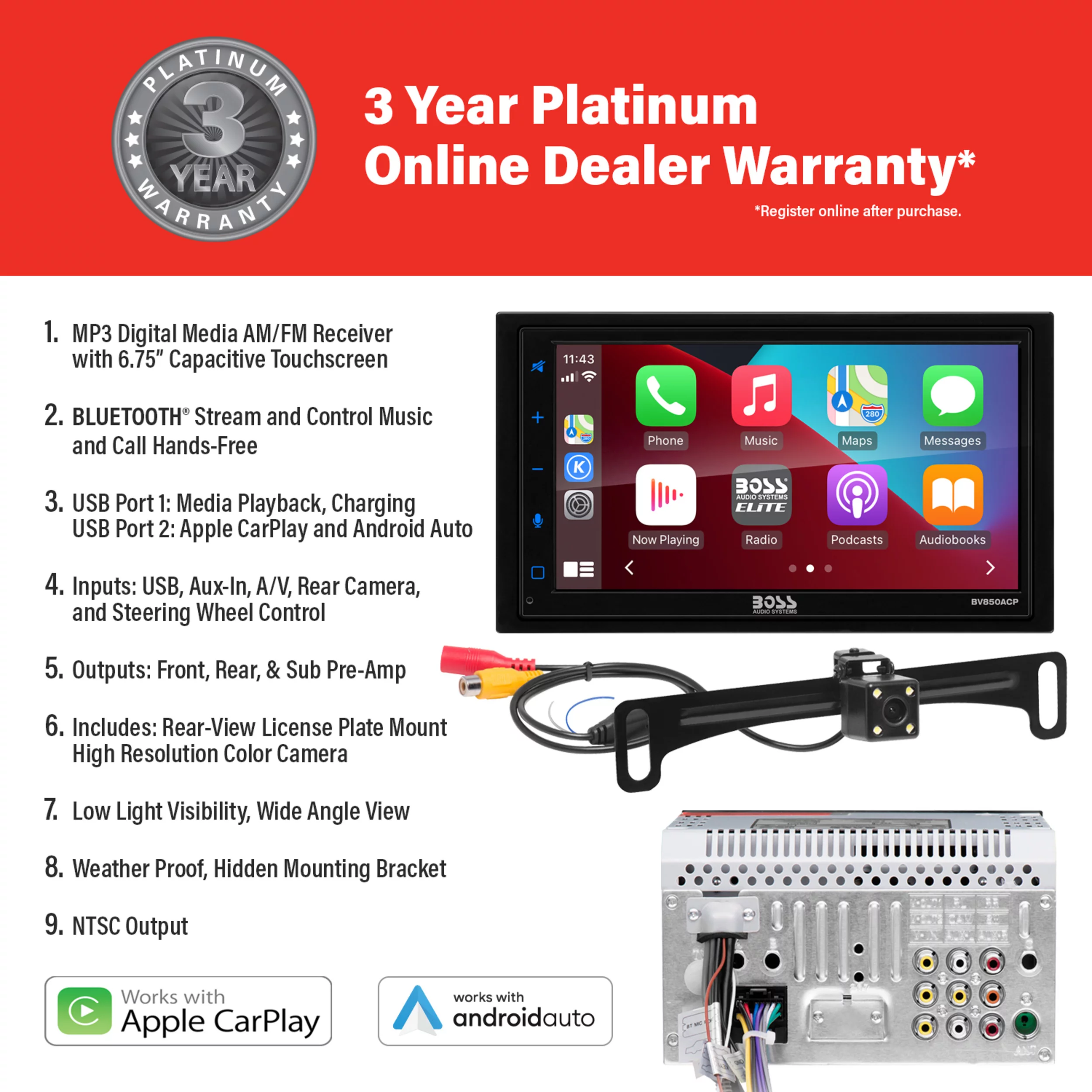 BOSS Audio Systems Elite BV850ACP 6.75” Apple CarPlay Android Auto Car Receiver