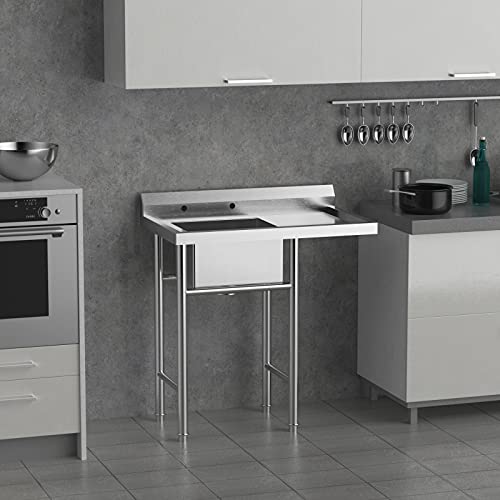 Bonnlo 304 Stainless Steel Utility Sink with Drainboard, One Compartment Workbench Sink Commercial Sink for Restaurant, Laundry Room, Backyard, Garages - Overall Size: 35.8