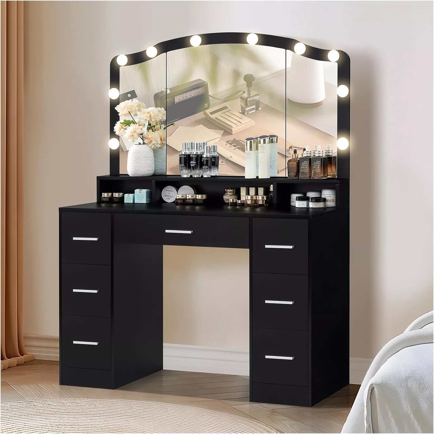 Modern 43.3 inches Black Vanity Desk with Large Lighted Mirror Makeup Vanity Table LED Lights 7 Drawers Storage Shelf Shelves Dressing Drawer Dresser Bedroom Home Wood New