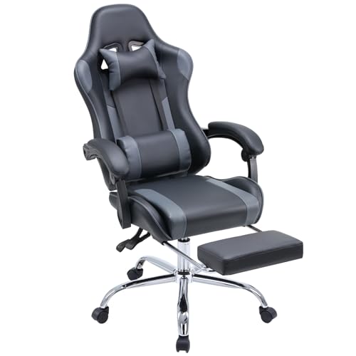 DUMOS Ergonomic Gaming Desk Chair - PU Leather Recliner with Footrest, Lumbar Support, Headrest, Fixed Armrests, Height Adjustable, 360° Swivel, Grey, for Adults