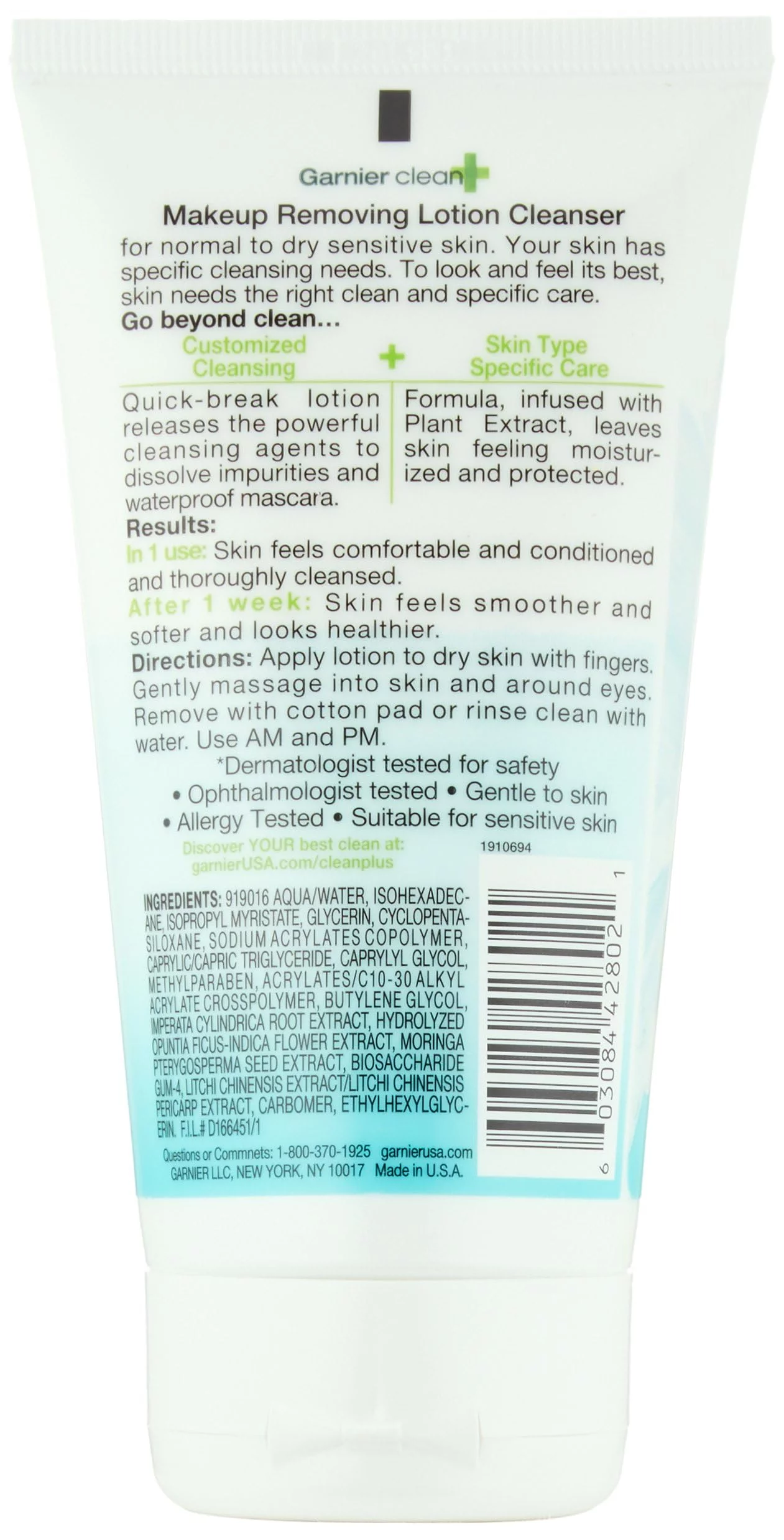 Garnier Clean+ Makeup Removing Lotion Cleanser Sensitive Skin, 5 Fluid Ounces