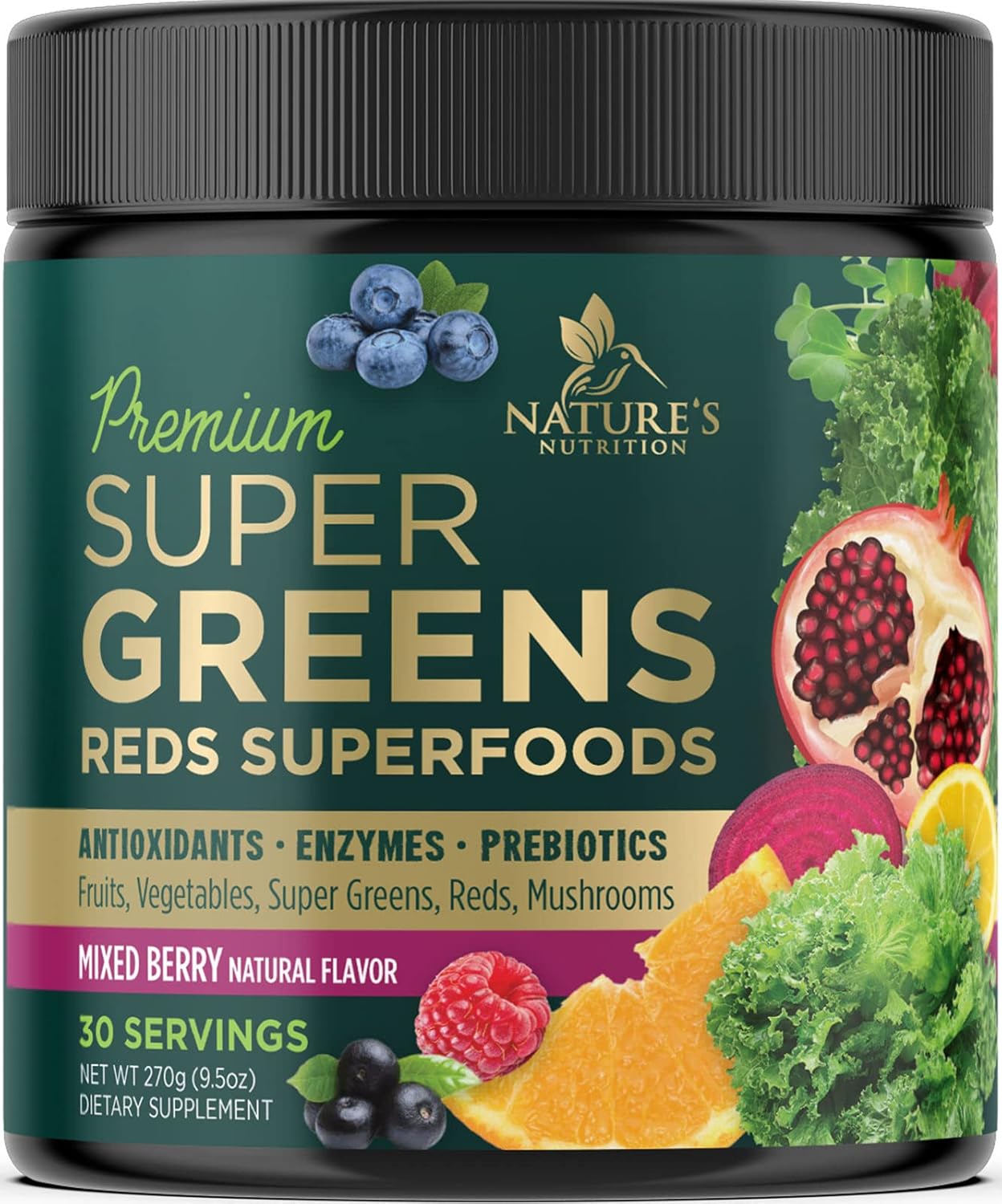 Super Greens Powder Smoothie Mix - Green Whole Food Blend Supports Energy & Gut Health with Spirulina, Chlorella, Mushrooms, Vegetables, Digestive Enzymes & Probiotics - Vegan Superfood - 30 Servings