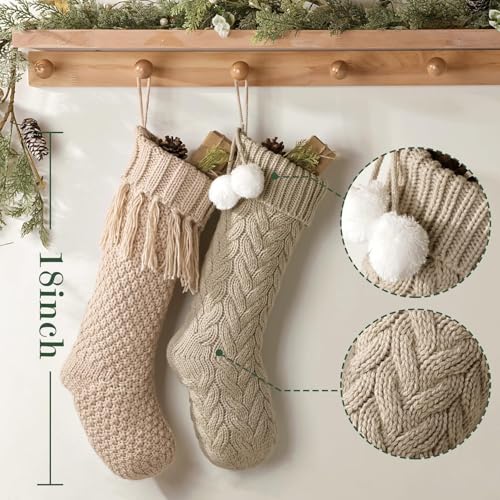 Personalized Knitted Christmas Stockings: 4 Pack 18 Inch Cable Knit Christmas Stockings, Cozy Hanging Xmas Stockings Boho Farmhouse Decorations for Family Holiday Décor, White Gray Beige