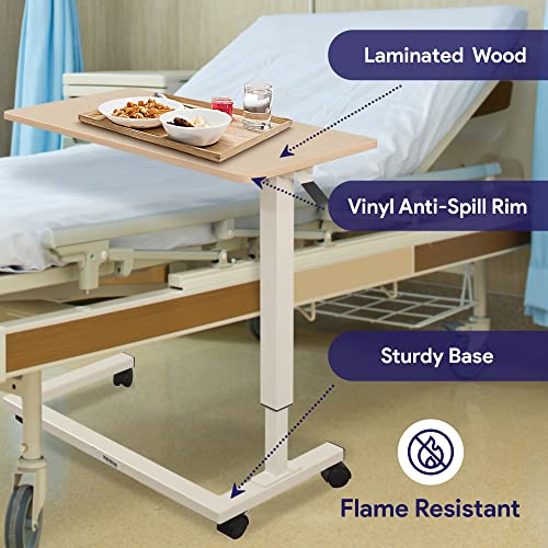 Medacure Hospital Bed Table, Light Oak - Overbed Table with Wheels & Adjustable Height - Food, Laptop, and Reading Overbed Desk - 50lb Capacity Over The Bed Table
