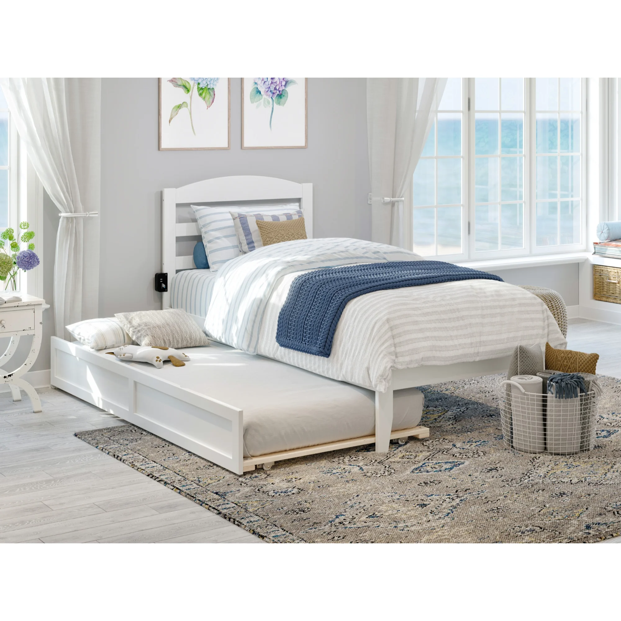 AFI Warren Solid Wood Twin Bed with Twin Trundle with USB Charger in White