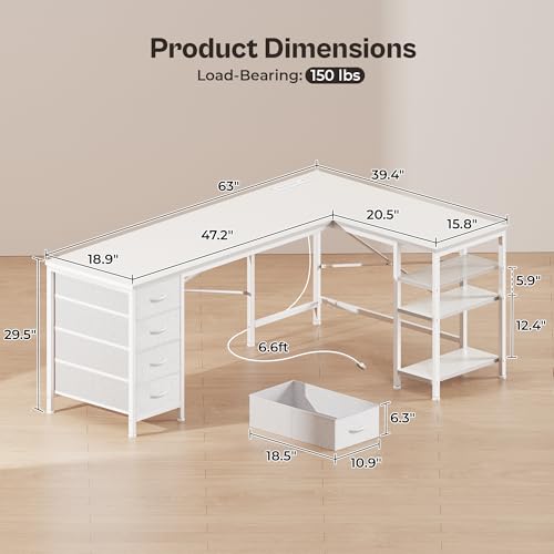 Huuger 63 Inch L Shaped Desk with Fabric Drawers, Reversible Computer Gaming Desk with Power Outlets and USB-C Port, Adjustable Side Storage Shelves, for Work Study Corner Home Office, Black
