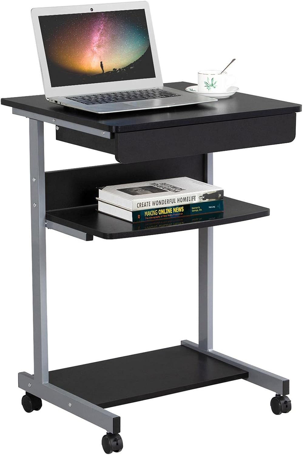 Topeakmart Mobile Compact Computer Desk Cart for Small Spaces, Work Workstation, Writing Desk Table with Drawers and Printer Shelf on Wheels