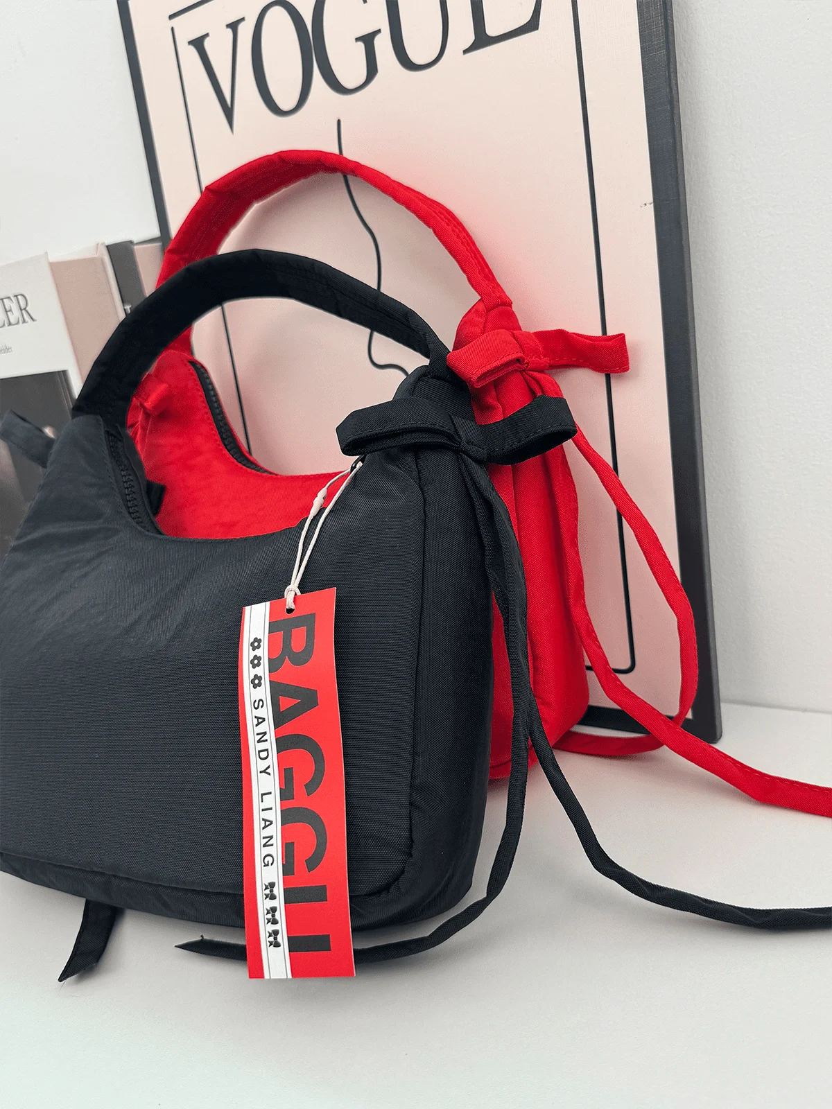 BAGGU x Sandy Liang Mini Bow Women's Designer Bags Nylon Handbag-BLACK